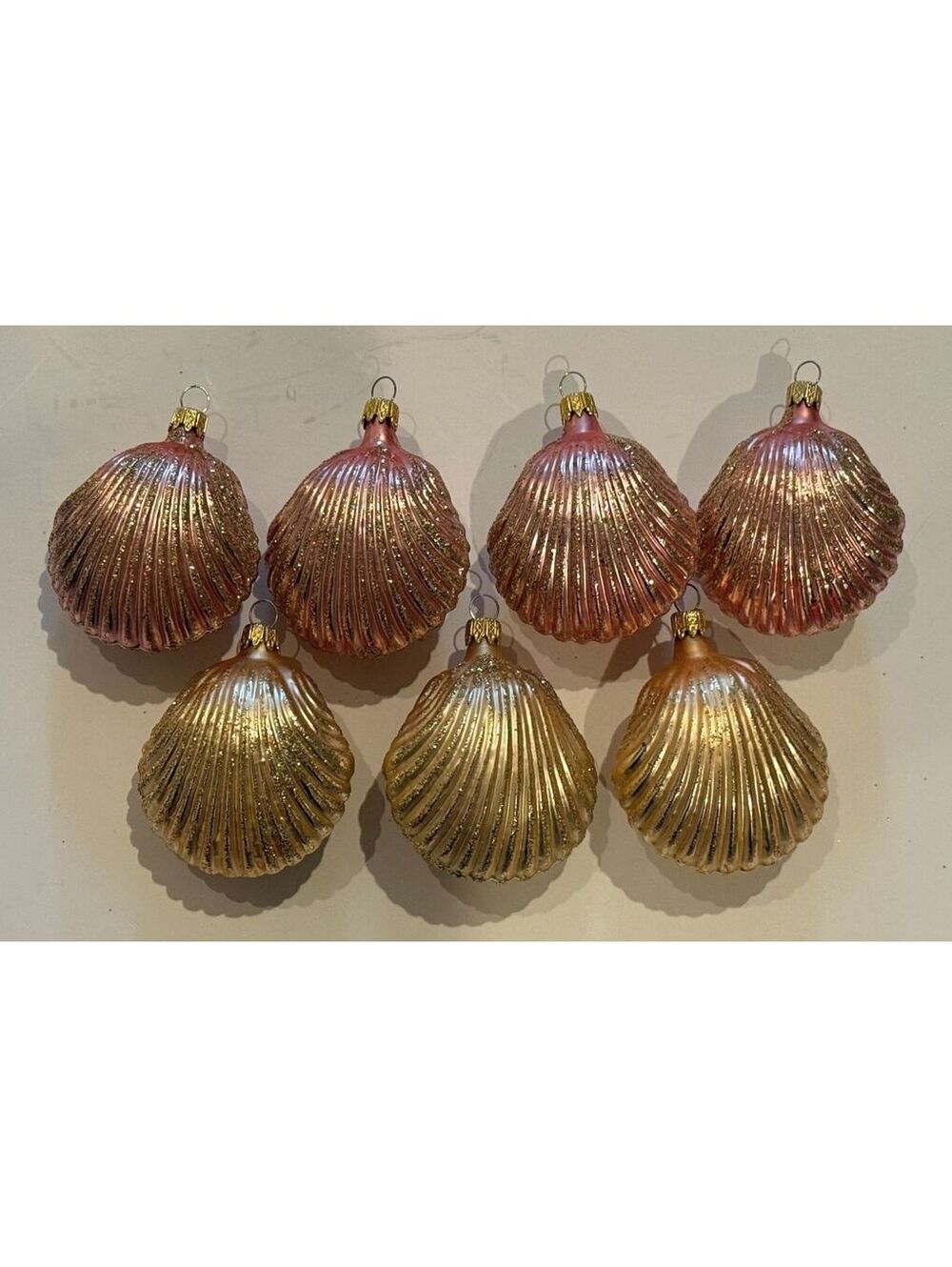 Vintage Colombia Glass Shell Christmas Ornaments Pink Gold Glitter Lot of 7